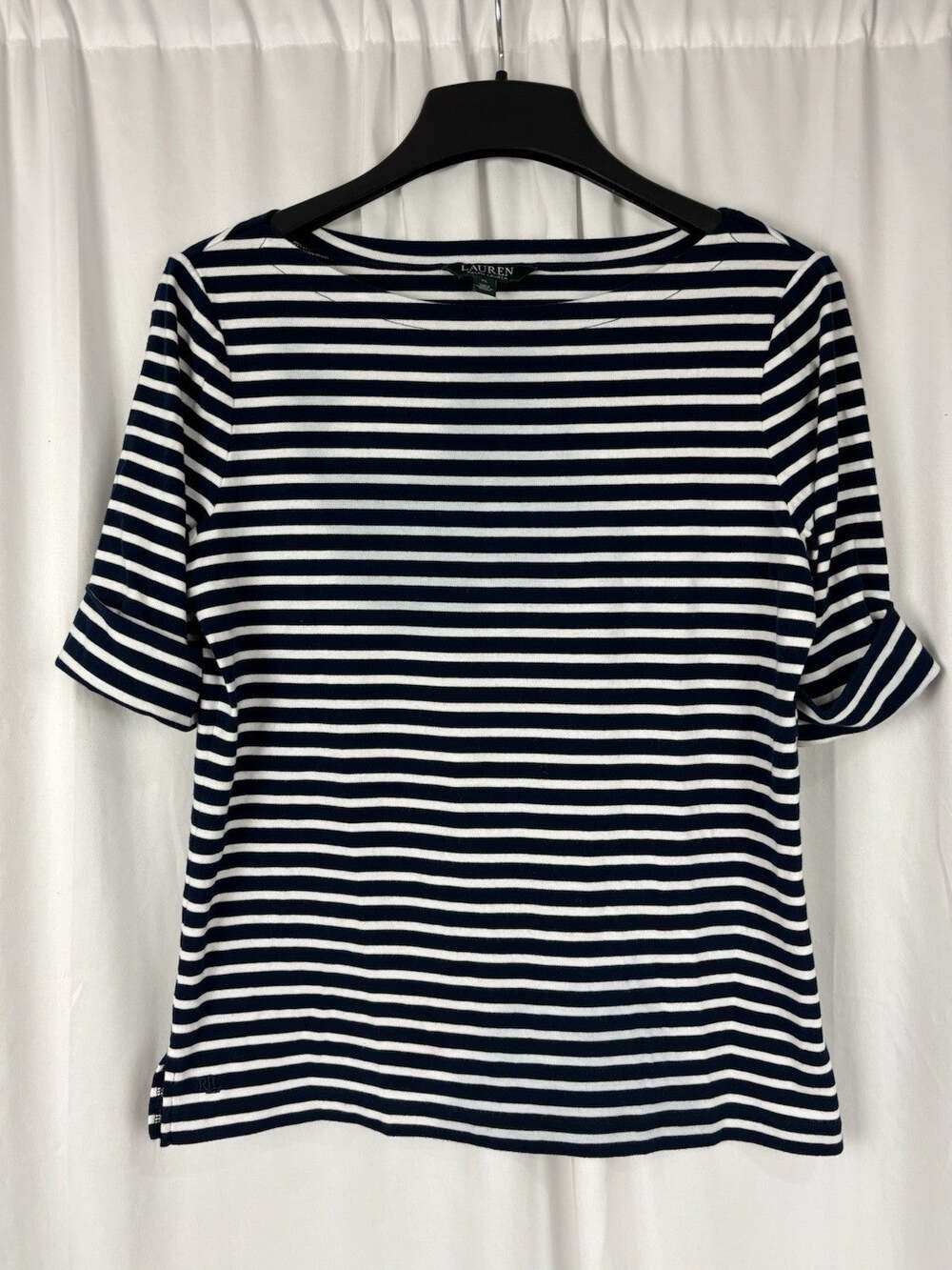 Lauren by Ralph Lauren Navy/White Striped Boatneck Shirt Sz XL Coastal Grandma